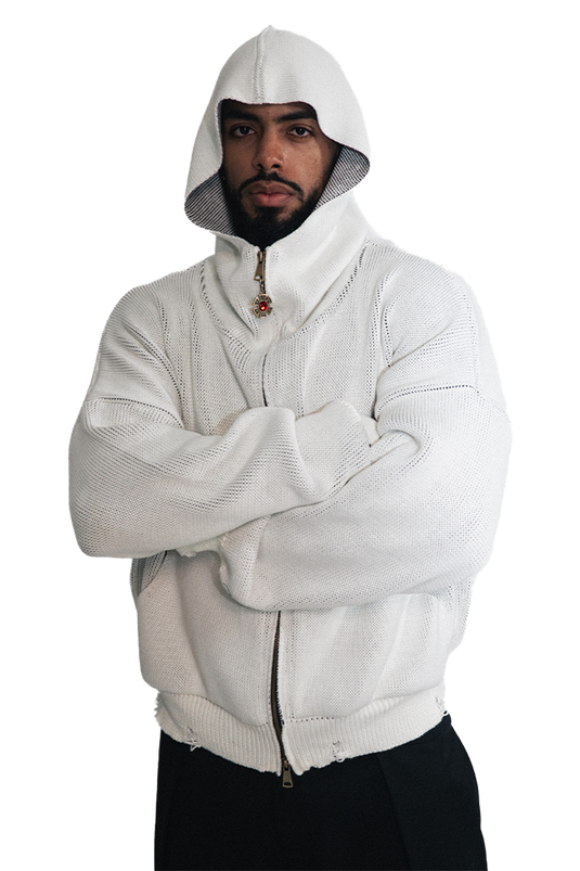 OMERTA WHITE KNITTED ZIP HOODIE