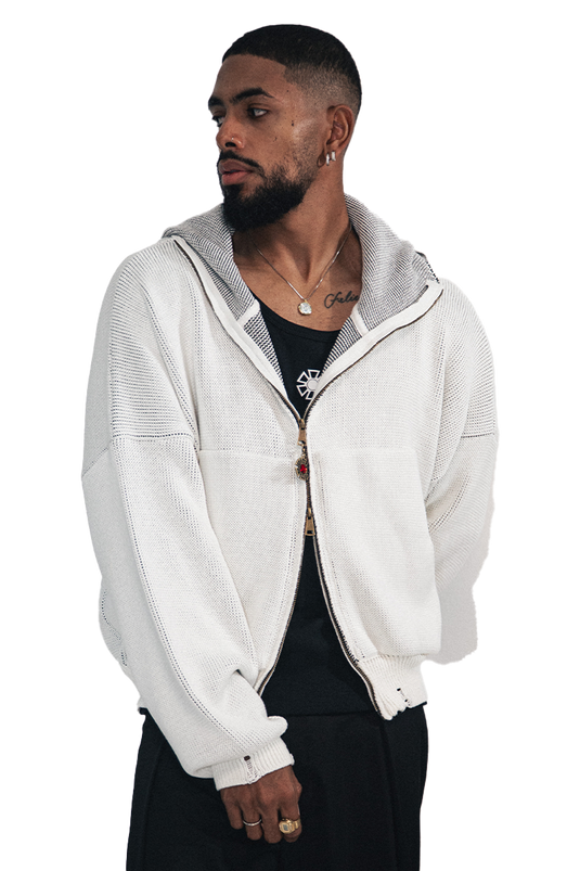 OMERTA WHITE KNITTED ZIP HOODIE