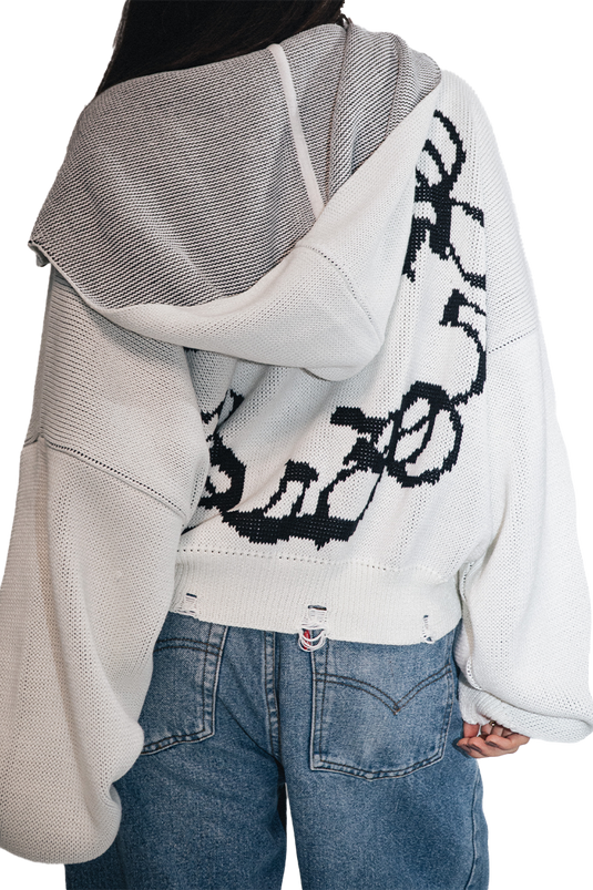 OMERTA WHITE KNITTED ZIP HOODIE